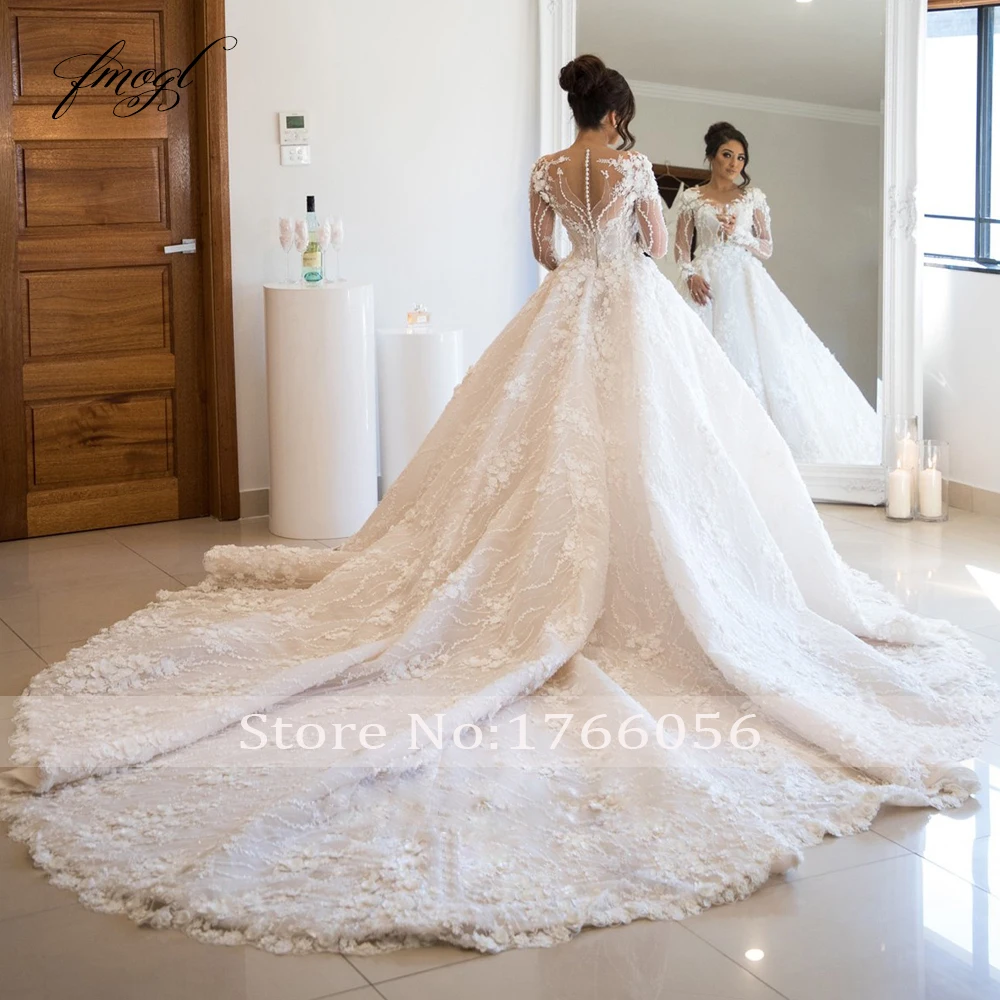 Customized Sexy Sweetheart Long Sleeve Lace Ball Gown Wedding Dresses Luxury Flowers Chapel Train Vintage Bridal Gown