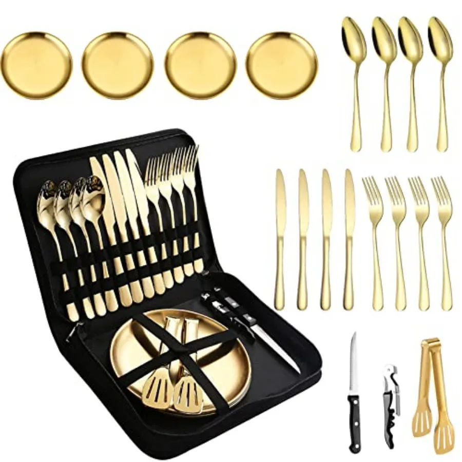 

Picnic Dishes Utensils Set for Dinnerware Plates Forks Spoons knives Bottle Opener Food Tongs Complete Kit with Zipper Bag