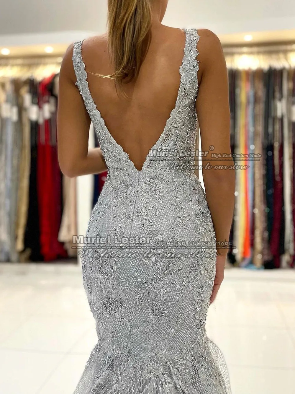 Mùa Xuân Sliver Xám Mermaid Prom Dresses Sexy Backless Phụ Nữ Kết Hôn Trang Phục Chính Thức Bên Hạt Evening Gowns Custom Made Robe De Mariee