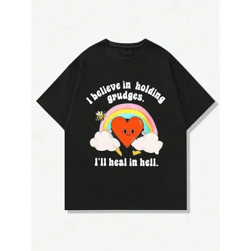 

Edgy Graphic Tee with Heart & Rainbow Print for Women Men, Funny Dark Humor Quote Shirt Streetwear Style S-3XL