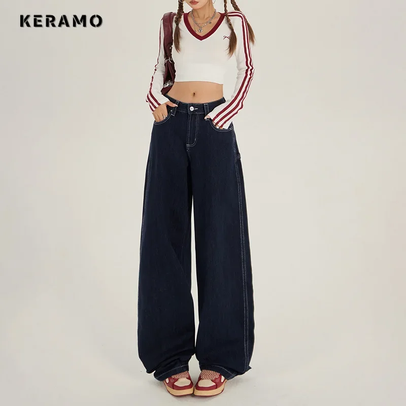 Women's Solid Color Retro High Waist Trashy Jeans Y2K Baggy 2000s Denim Trouser Washed Vintage Casual Japanese Emo Pants