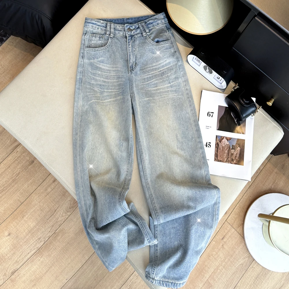 

Корейские джинсы с блестящим золотым напылением, с высокой талией, прямые, женские, летние, утягивающие, широкие брюки в пол