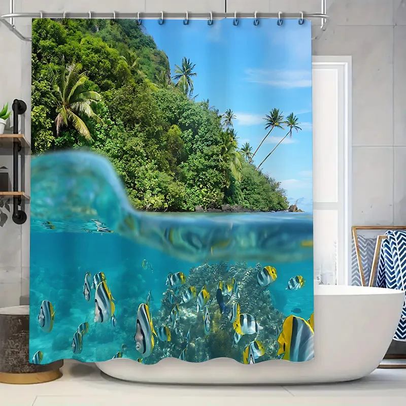 

Занавеска для душа с тропическим островом, подводная рыбная сцена, океанские волны, зелень, декор, опыт, спокойствие, освежение в вашей ванной комнате