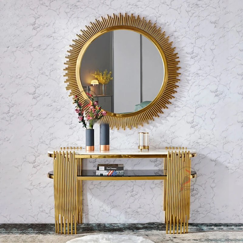 

Modern simple entrance table Italian light luxury stainless steel entrance table hotel marble slate mirror
