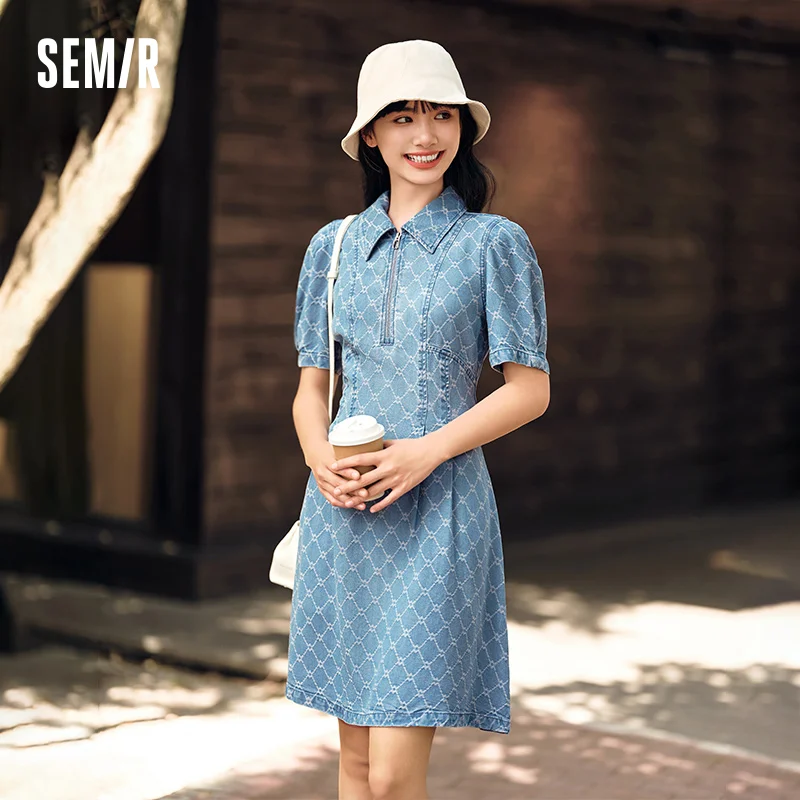 Semir Dress Women Denim Bubble-Sleeve Dress 2024 Summer New Cool Sensation Soft Denim Mini Skirt