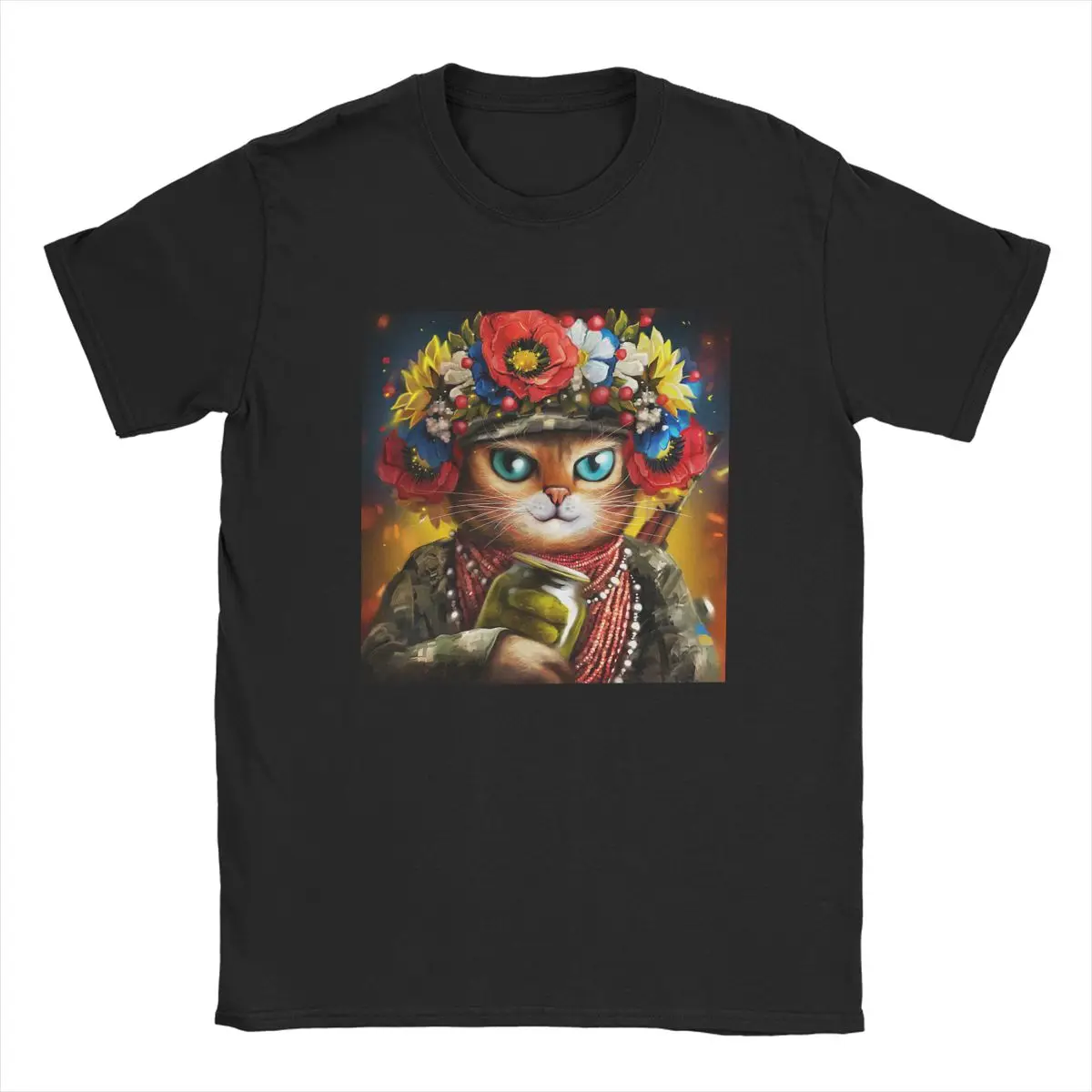 Ukrainian Cat Soldier In A Wreath Of Flowers t shirt for men  Short Sleeve 100% Cotton Graphic Ukrainian Defender of Ukraine