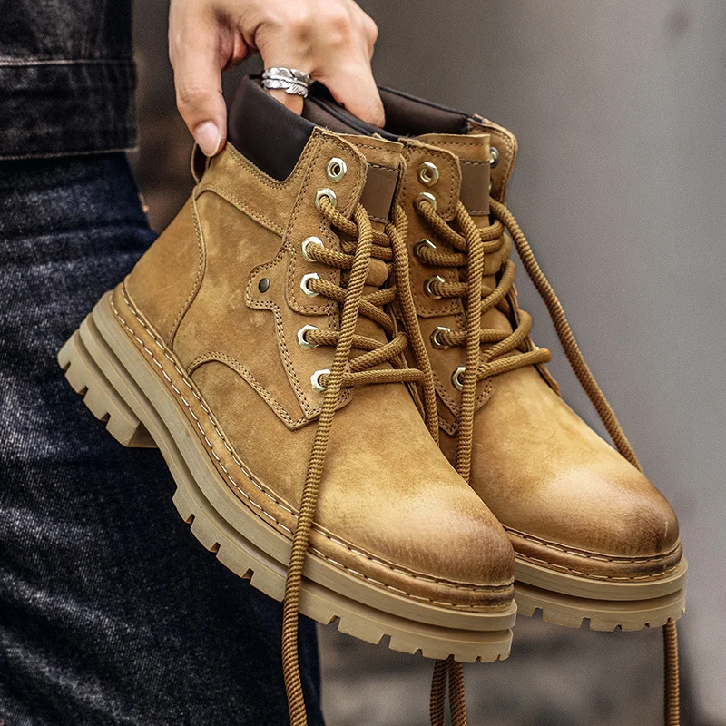 

Outdoor Mountaineering Work Boots for Men: 2025 New Big Yellow Boots, High-Top Height-Increasing British Style Durable Work Shoe