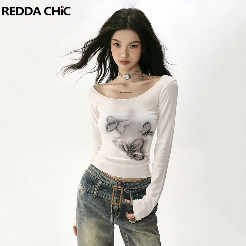 

Кроп-Топ женский облегающий с круглым вырезом и принтом бабочек