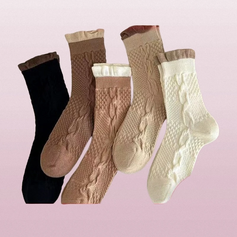 3/6 Pairs Coffee Color Bubble Mouth Braided Pattern Middle Tube Socks Forest Style Simple College Style Middle Length Socks