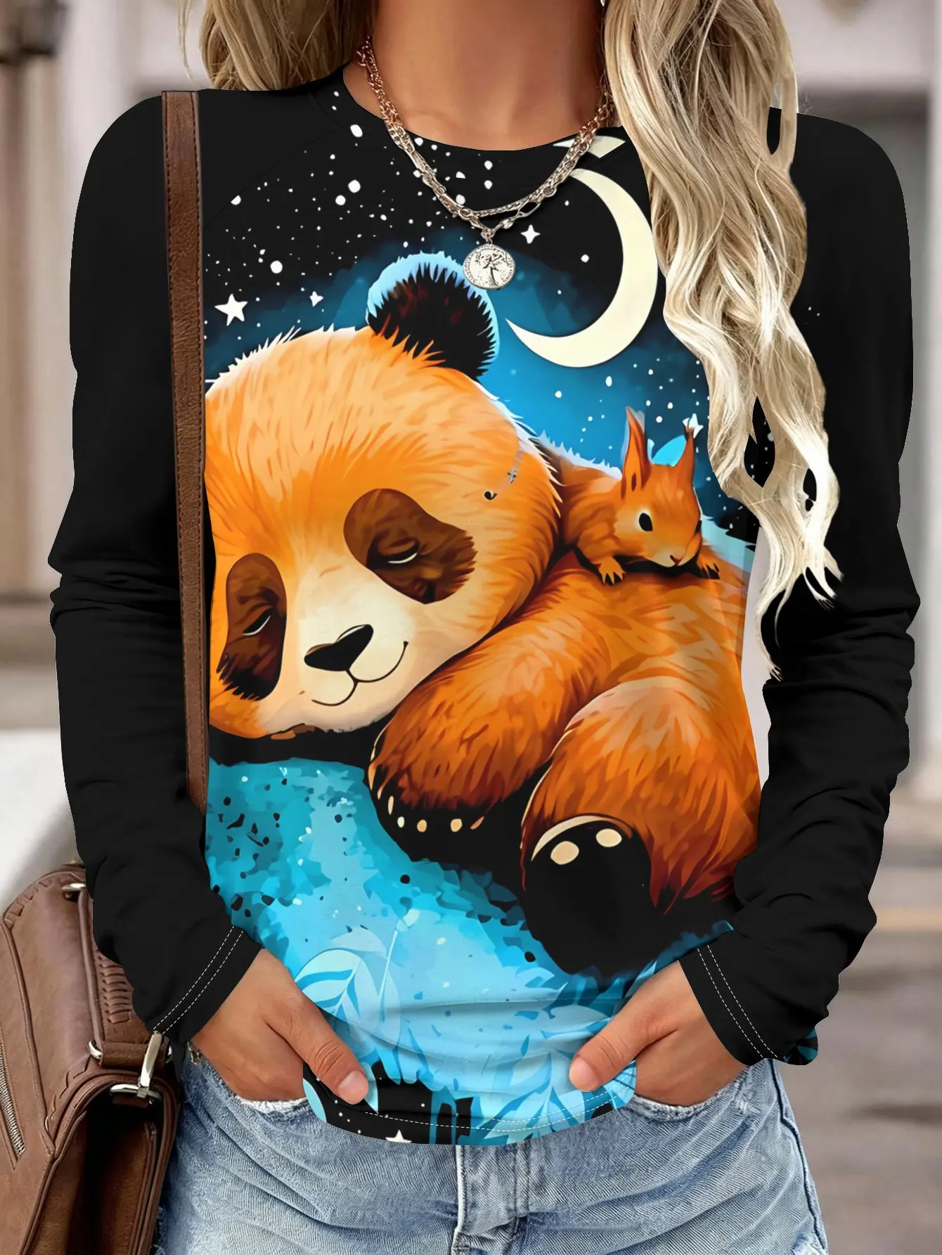 Women Long Sleeve Shirt Cute Panda Squirrel Moon Star Print Round Neck Casual Daily Tops Women's Clothes