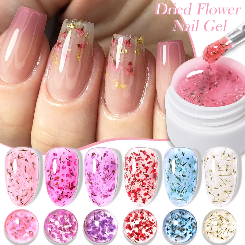 LILYCUTE 8ml Natural Dried Flower Colorful Gel Nail Polish Pink Purple Blue Flower Fairy Painting Effect Nail Art Gel Varnishes