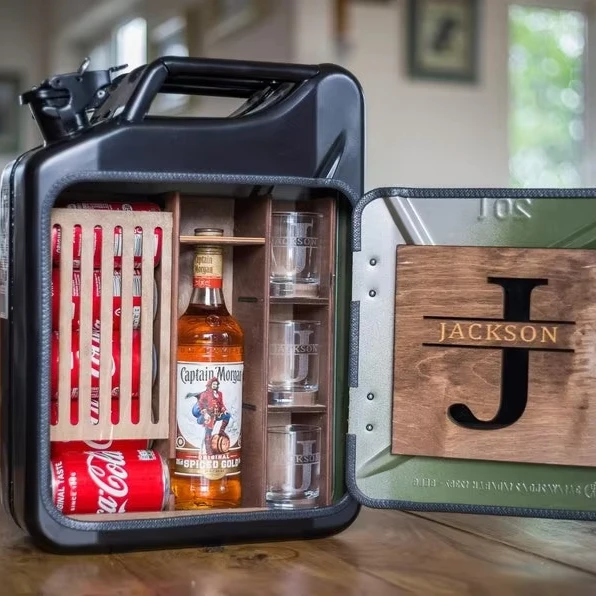 Custom 20L Black Matte Fuel Metal Jerry Jar Mini Bar, Interior for Picnic Home Jar Bar Best Man Gifts
