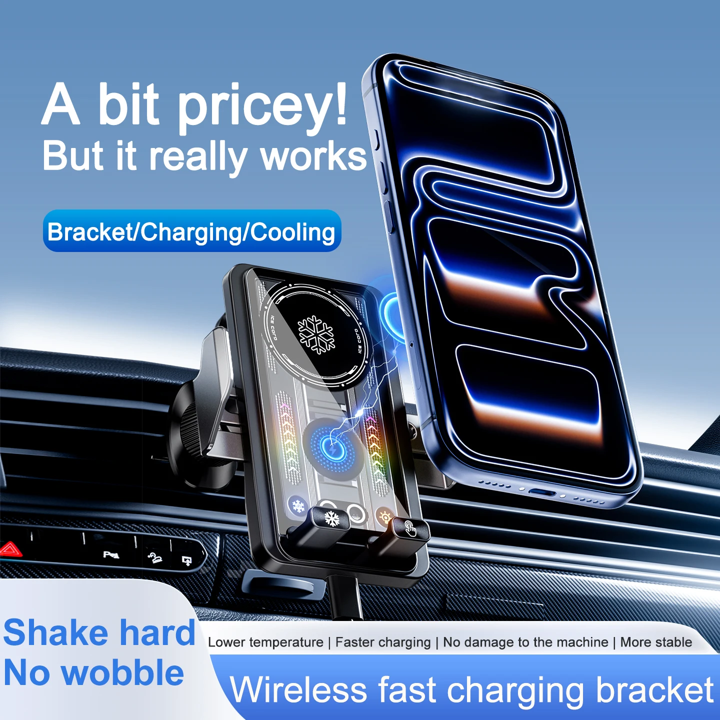 

Car Wireless Charger 15W Fast Charging with Cooling Fan Adjustable RGB Light,Vent Mount Phone Holder for iPhone Series