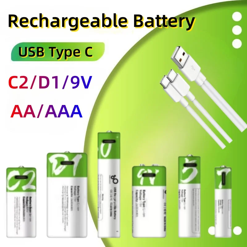 

Hot Rechargeable AAA/AA/9V/C2/D1 Batteries Li-ion Battery USB Type C Fast Charge Cable