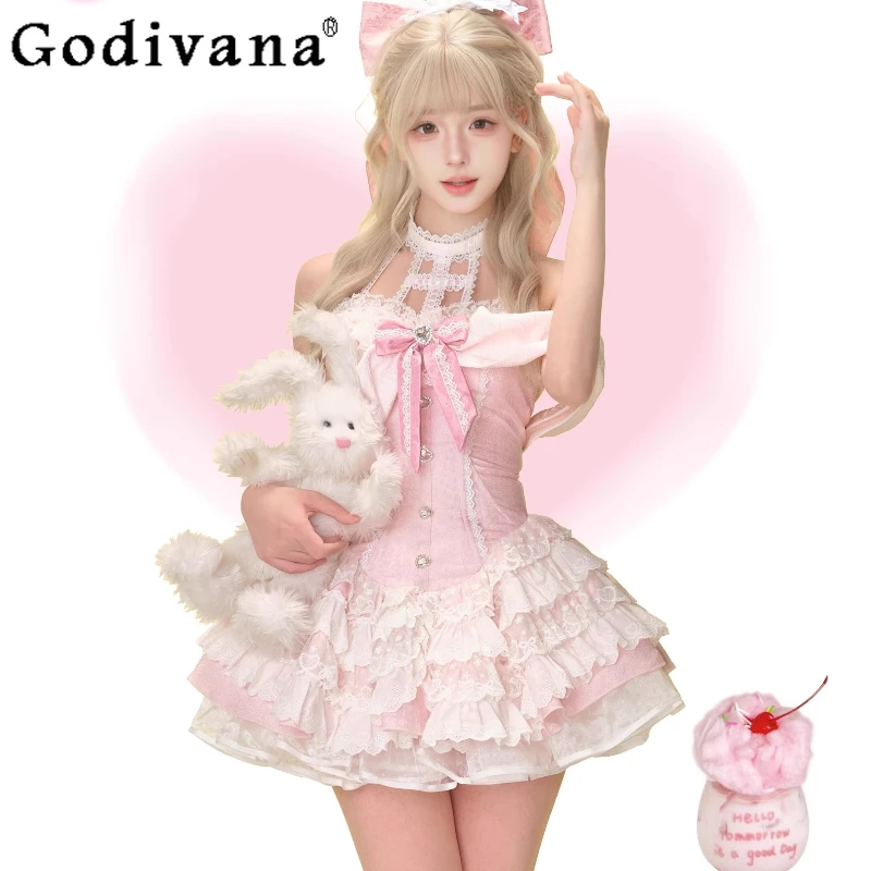 فستان الجاكار الوردي مع القوس المرأة لوليتا نمط الحلو فستان لطيف الإناث القوس طوق فستان قصير الفتيات مجموعة صخب الأبيض