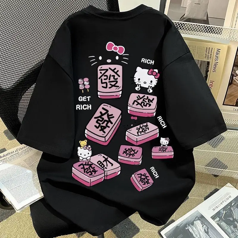 2026 Cute Japanese Cartoon Style Short Sleeved T-shirt for Women, Mahjong Printed Cotton Fashion Top Y2k Ins