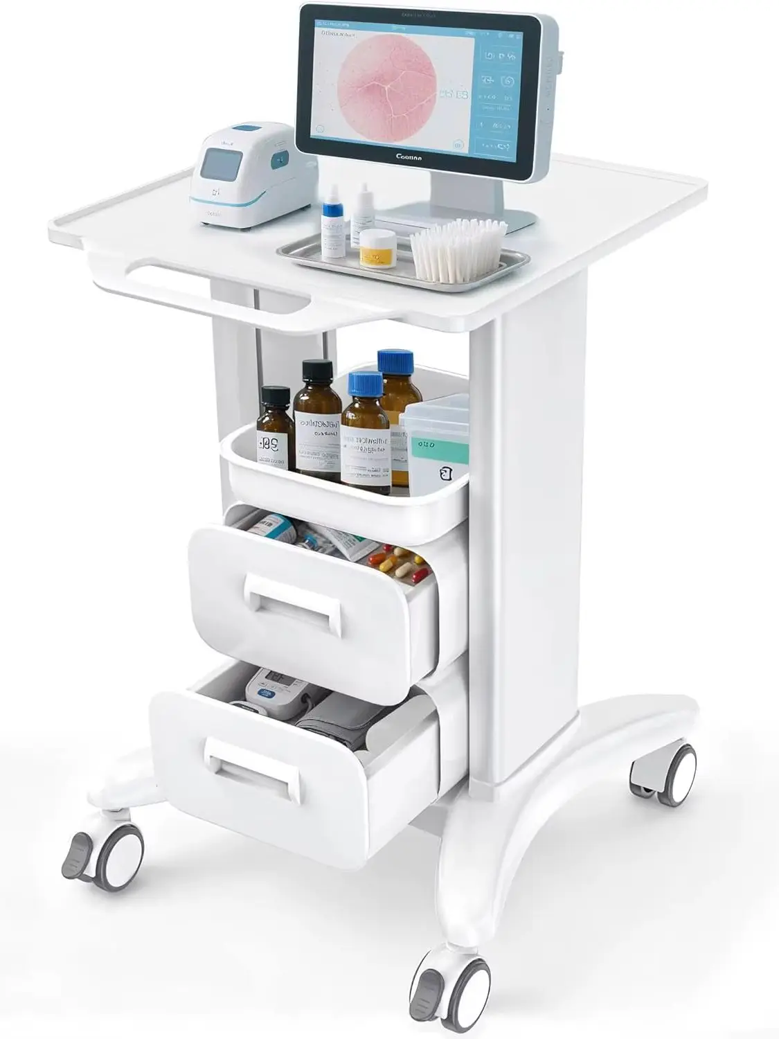 รถเข็นอุปกรณ์การแพทย์แบบเคลื่อนที่สำหรับอัลตราซาวด์ พร้อมถาดและล้อ 4 ล้อ ลิ้นชักเก็บของแบบพกพา สำหรับโรงพยาบาล คลินิกทันตกรรม ร้านเสริมสวย