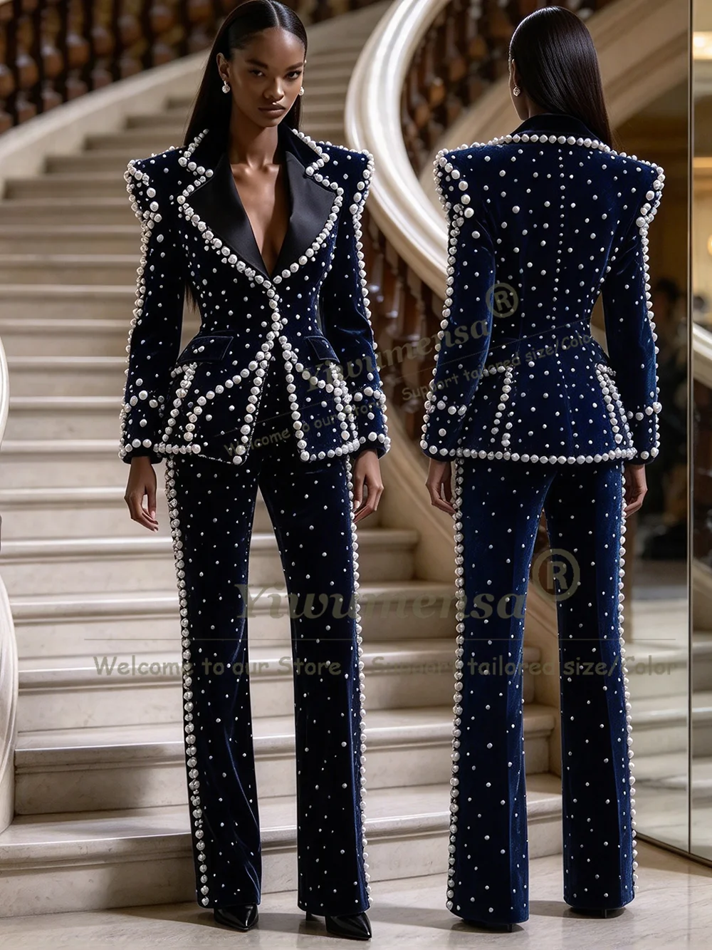 Luxury Women Pants Suit For Wedding Pearls Velvet Jacket Pants 2 Pcs Groom/Bride's Mother Dress Customized Lady Banquet Outfits