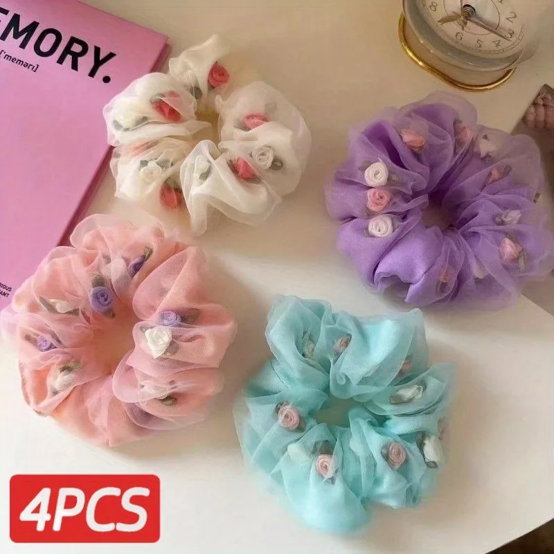 

4Pcs/set Fashionable Hair Tie Colorful Headband, Simple Flower Hair Elastic, Hair Rope Temperament, High Elasticity Rubber Band