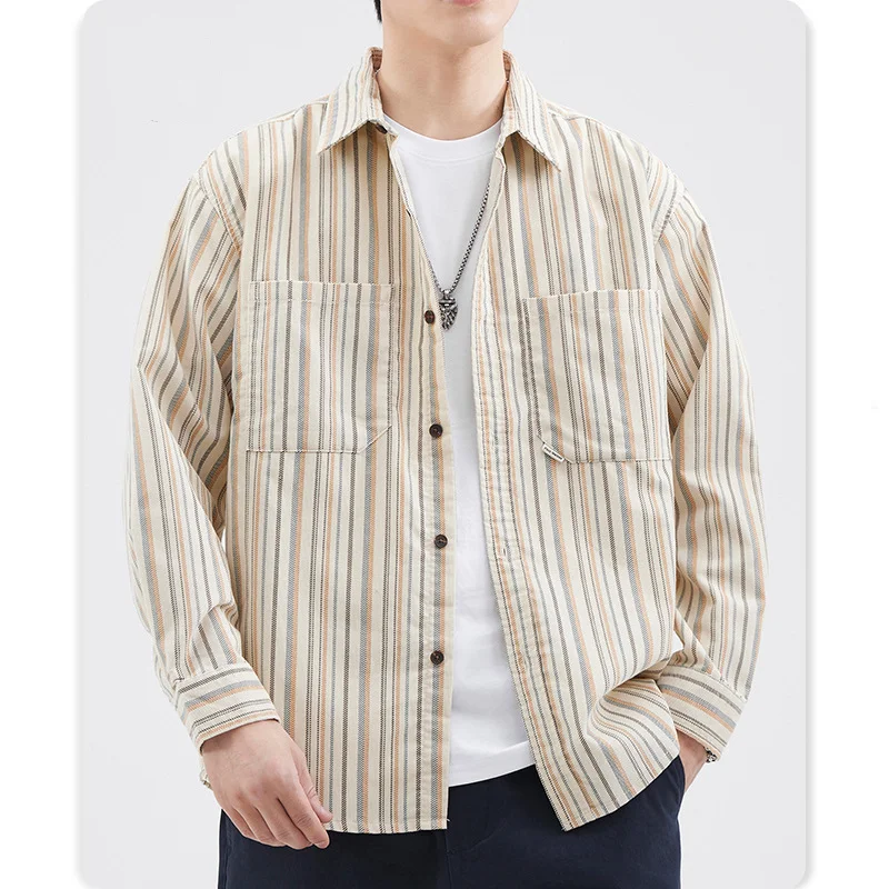 Autumn new vertical striped shirt men's senior sense loose commuter shirt long sleeve coat