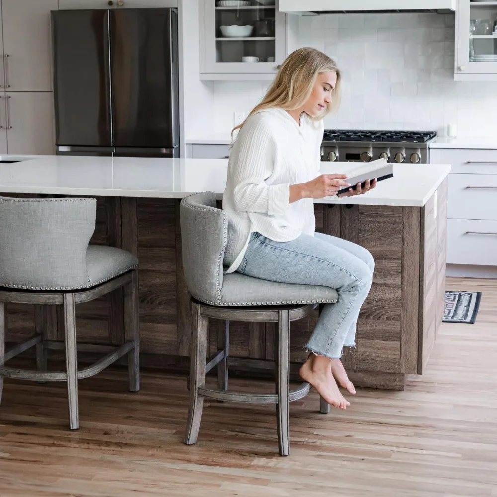 26 Inch High Counter Height Barstool with Low Back in Reclaimed Oak Finish with Ash Grey Fabric Upholstered Seat