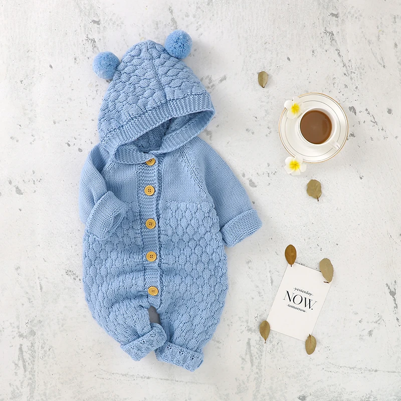 Winter Baby Rompers Clothes Autumn Solid Hooded Long Sleeve Knit Newborn Boys Girls Jumpsuits Playsuits One Piece Infant Overall