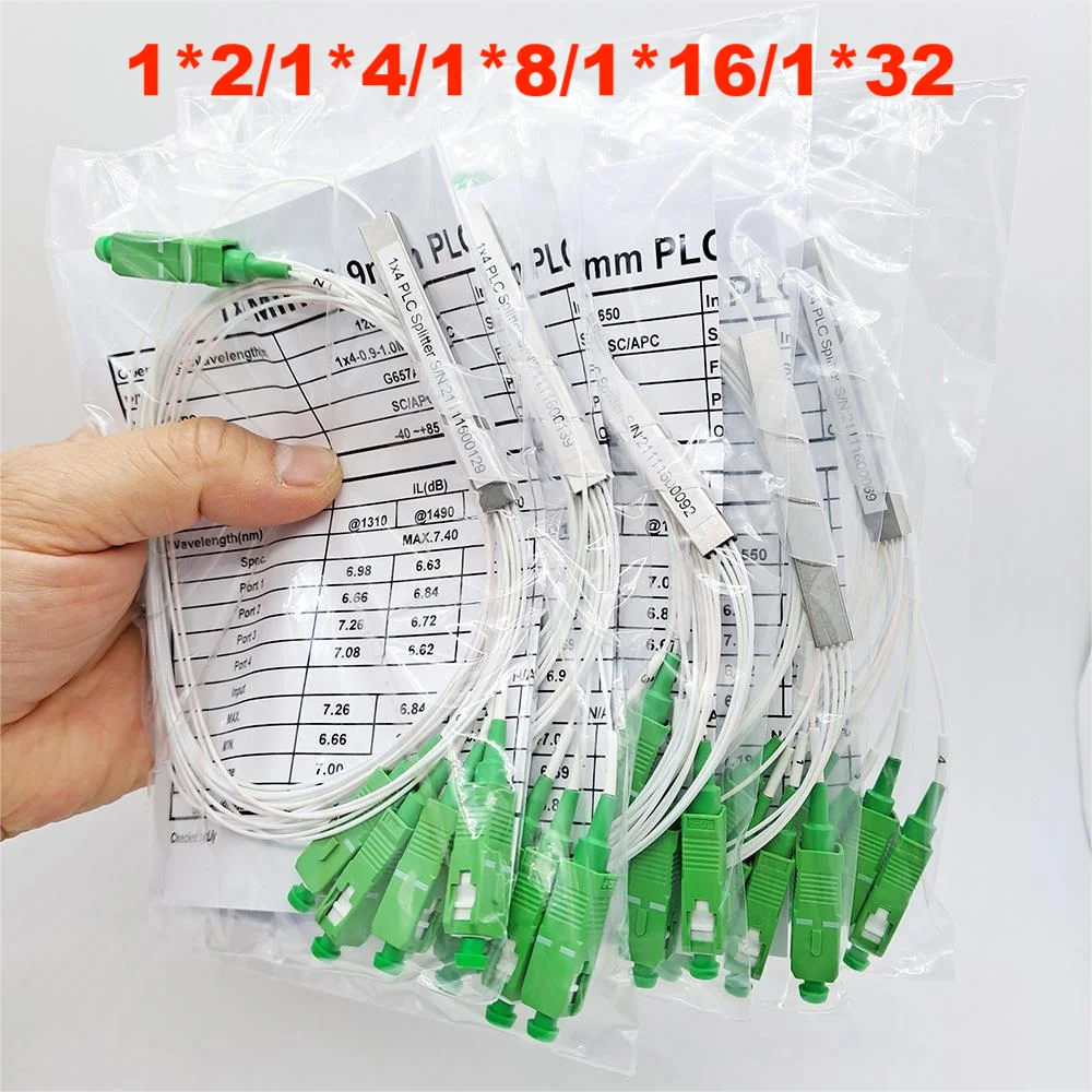 

10 pcs 1X2 1X4 1X8 1X16 1X32 PLC SC/APC SM Single Mode 0.9mm G657A1 LSZH 1m FTTH Fiber Optic Splitter