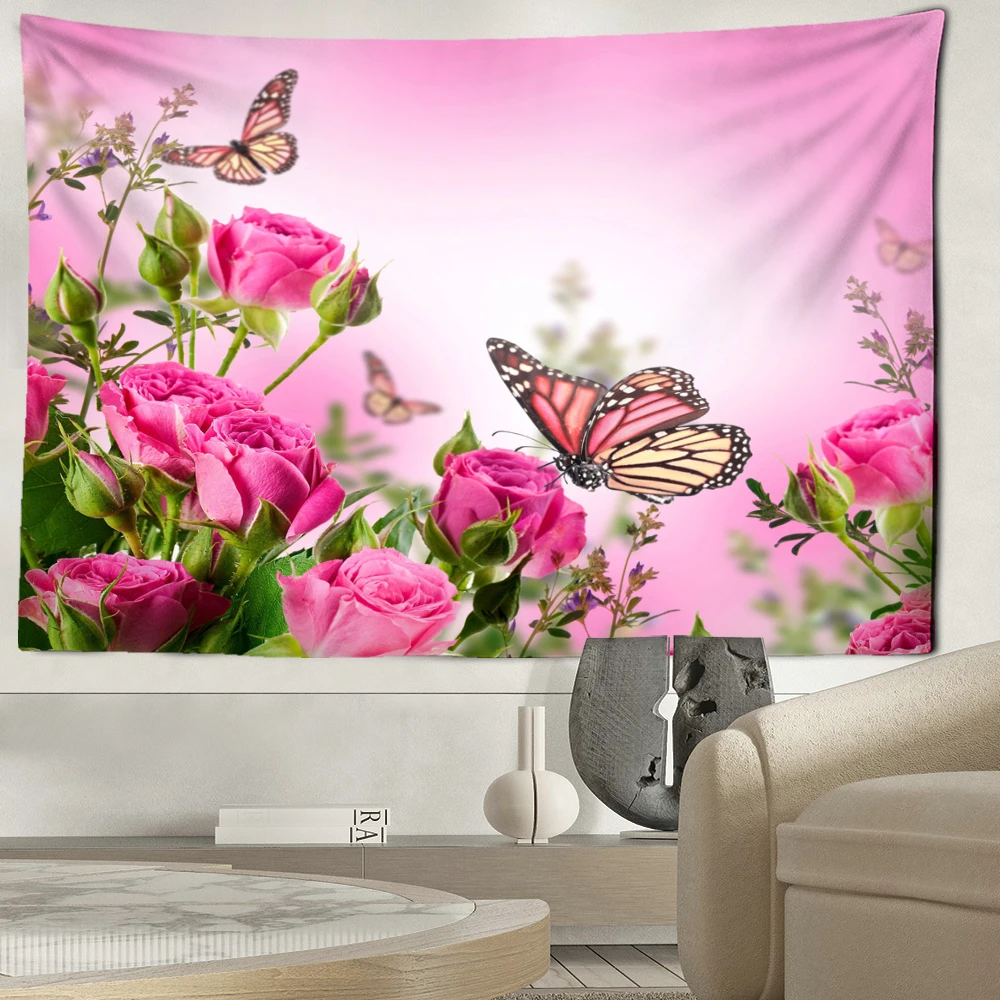 Rose And Butterfly Tapestry Wall Hanging Natural Art Flower Modern Style Minimalist Art Living Room Home Decor