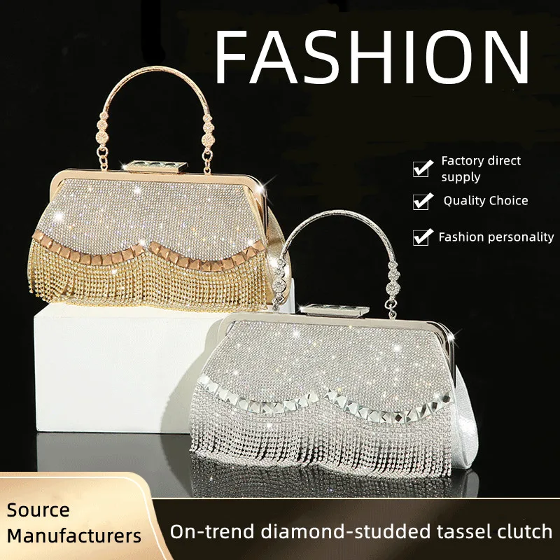 Lady Dress Full of Diamond Dinner Bag Crossbody Bag Party Bridesmaid Tassel Rhinestone Portable Banquet Handbag BM099