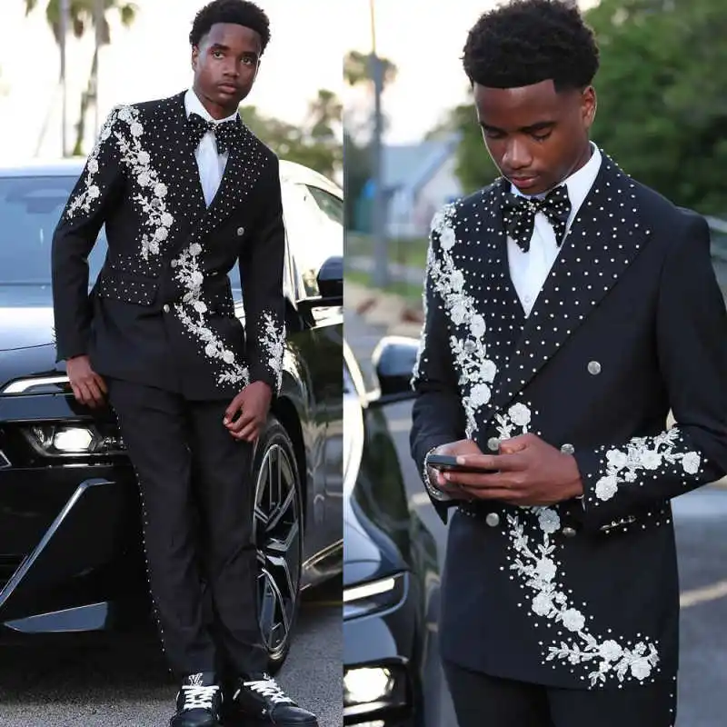 

Handsome Men Wedding Tuxedos Peaked Lapel Double Breasted Jacket Sets Appliques Business 2 Pieces Customized