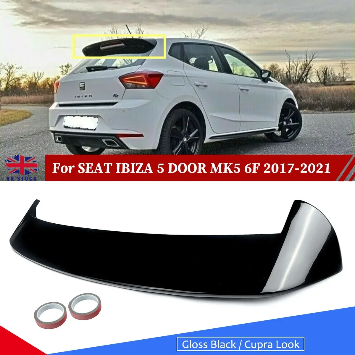 For SEAT Ibiza 'Cupra Look' 5dr MK5 6F Gloss Black Rear Roof Spoiler ABS 2017-22