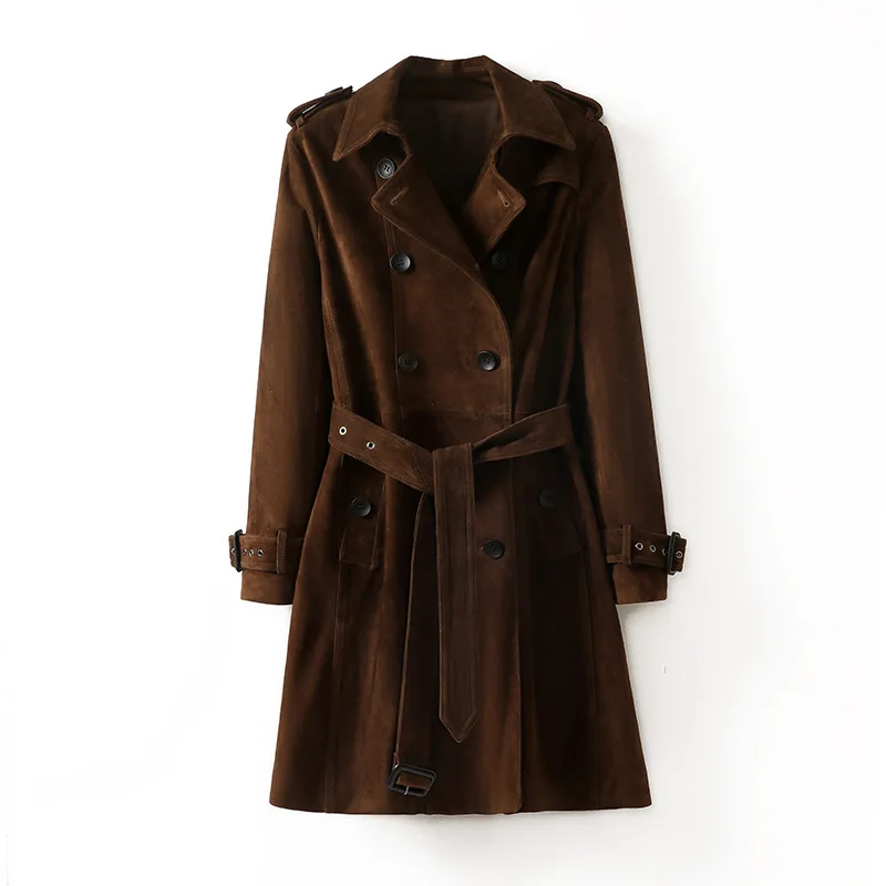 Giacca da donna in pelle naturale Autunno Inverno Trench lungo in pelle di pecora sottile stile classico britannico doppio petto kaki/nero