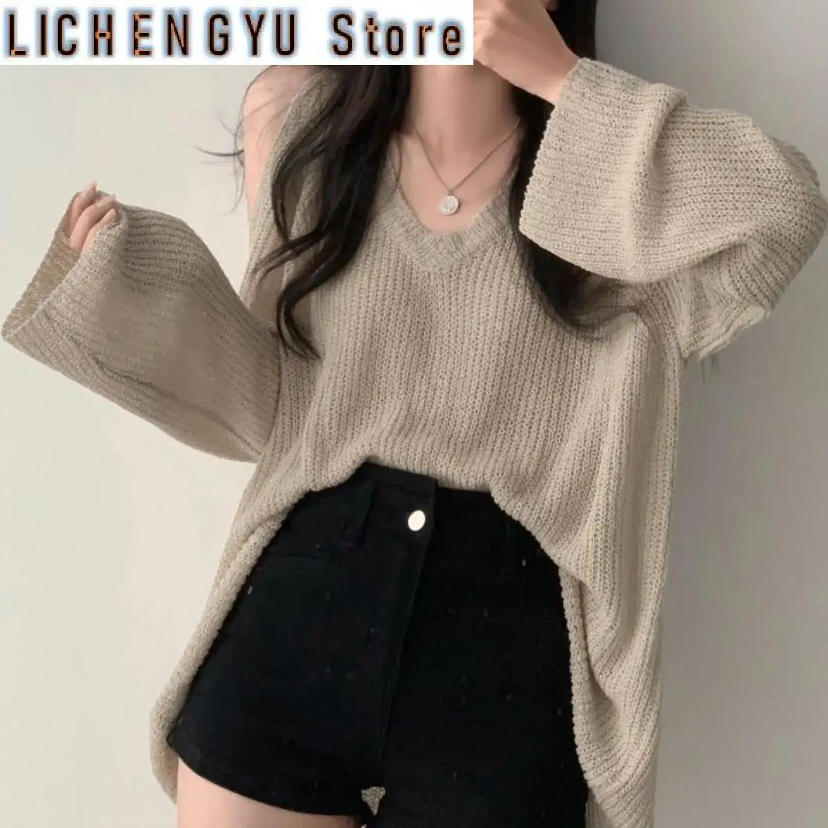 New Oversize Off Shoulder Sweater Women V Neck Long Sleeve Thin Knitwear Korean Retro Loose All Match Casual Pullovers