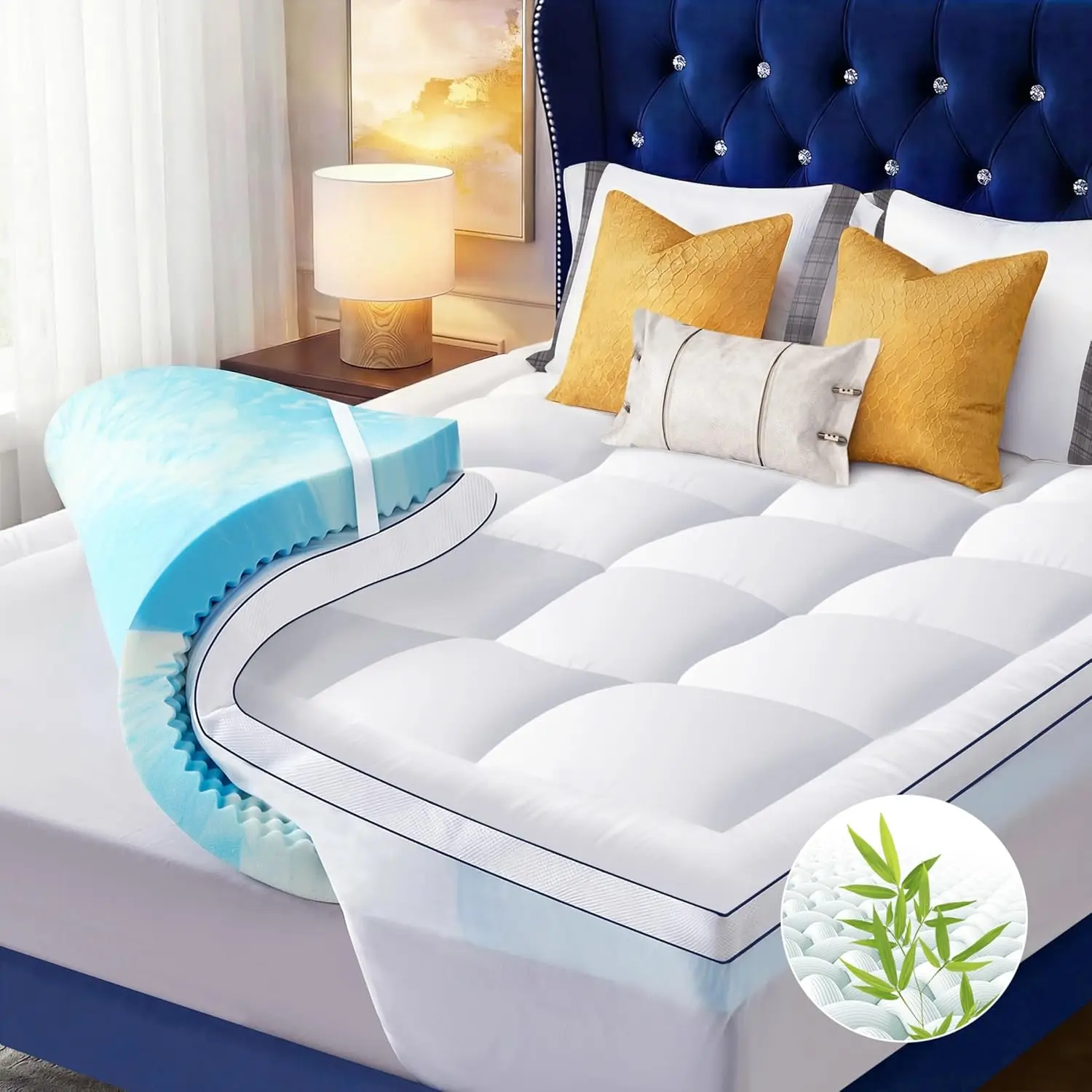 King Size Dual Layer 4 Inch Memory Foam Mattress Topper with Cooling Gel for Back Pain Relief, Breathable