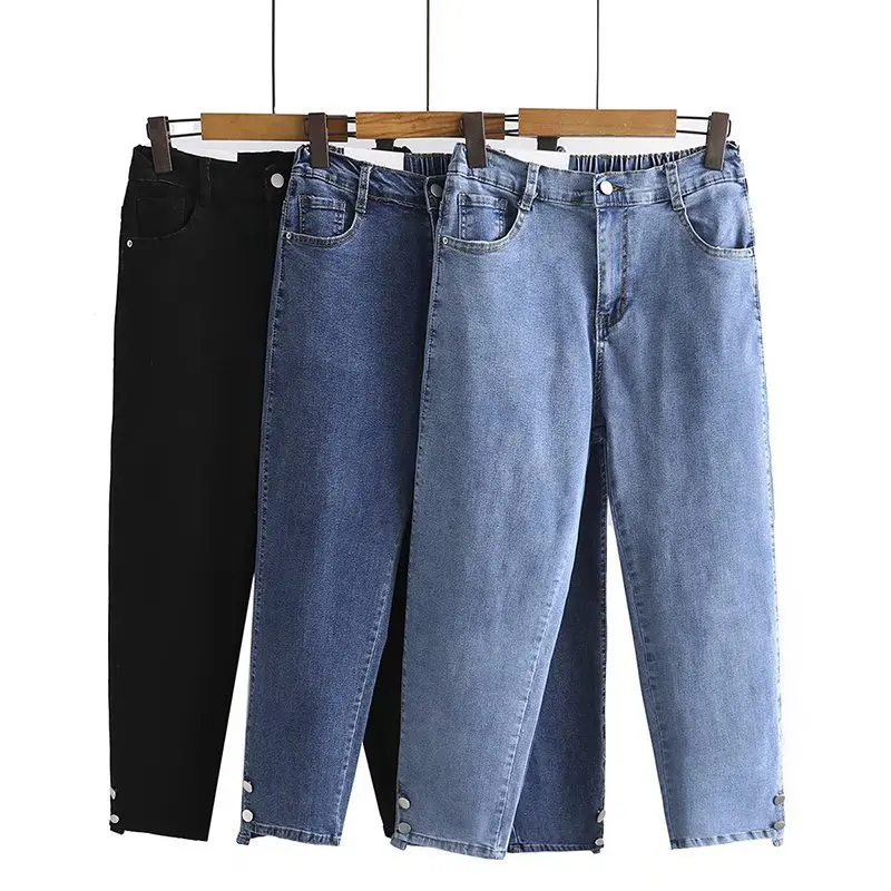 Jeans con tubo di scarico da donna, pantaloni in Denim, bottoni con apertura delle gambe, vita alta, pantaloni dritti elasticizzati, taglie forti,