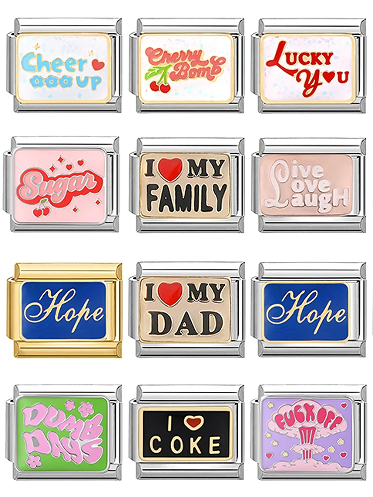 Nouveau Y2K coloré glaçure mot anglais italien lien de charme ajustement 9mm en acier inoxydable bijoux bricolage fabrication de Bracelets pour cadeaux