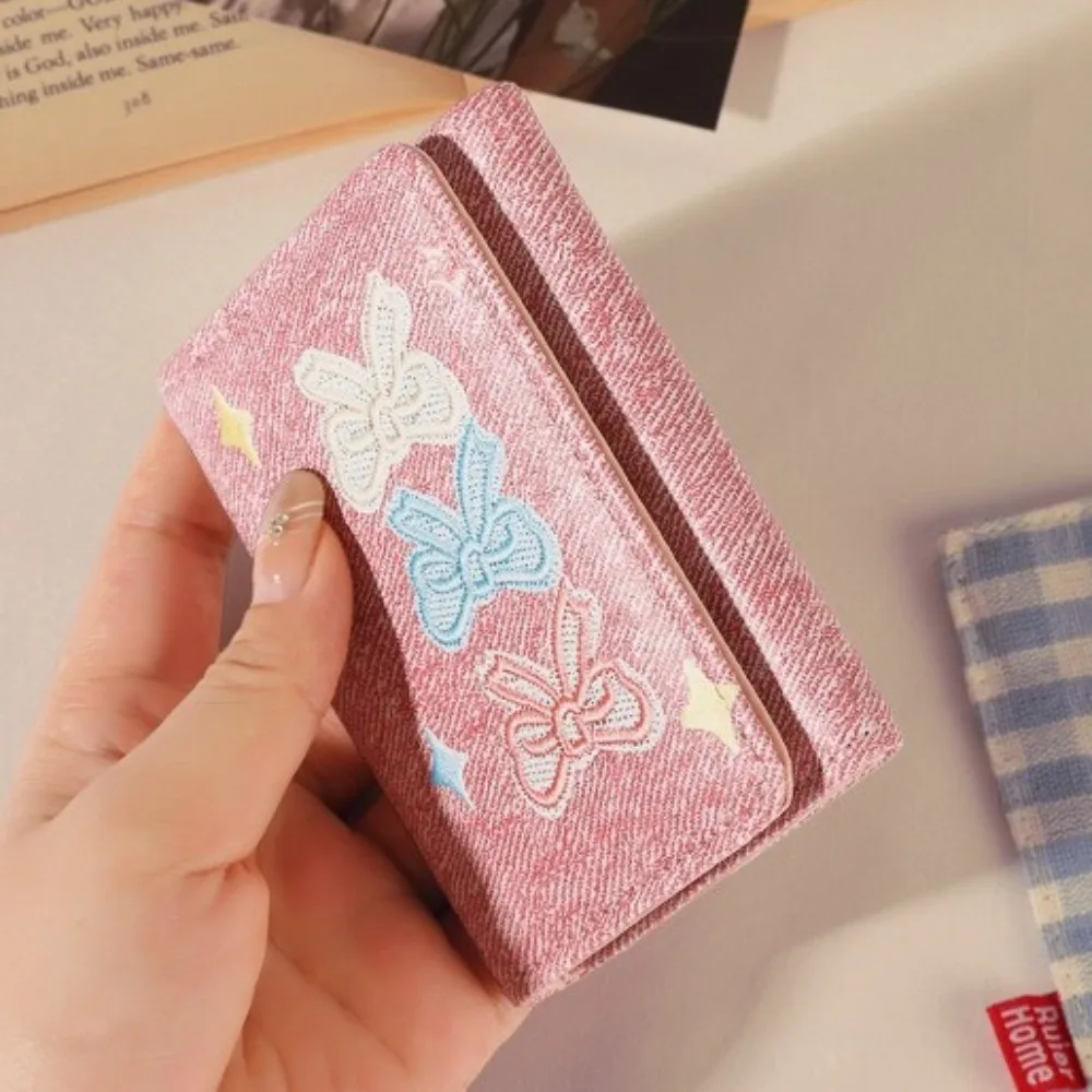Fashion Embroidery Short Wallet Denim Texture Lightweight Card Holder Multi Card Slot Foldable Wallet Women