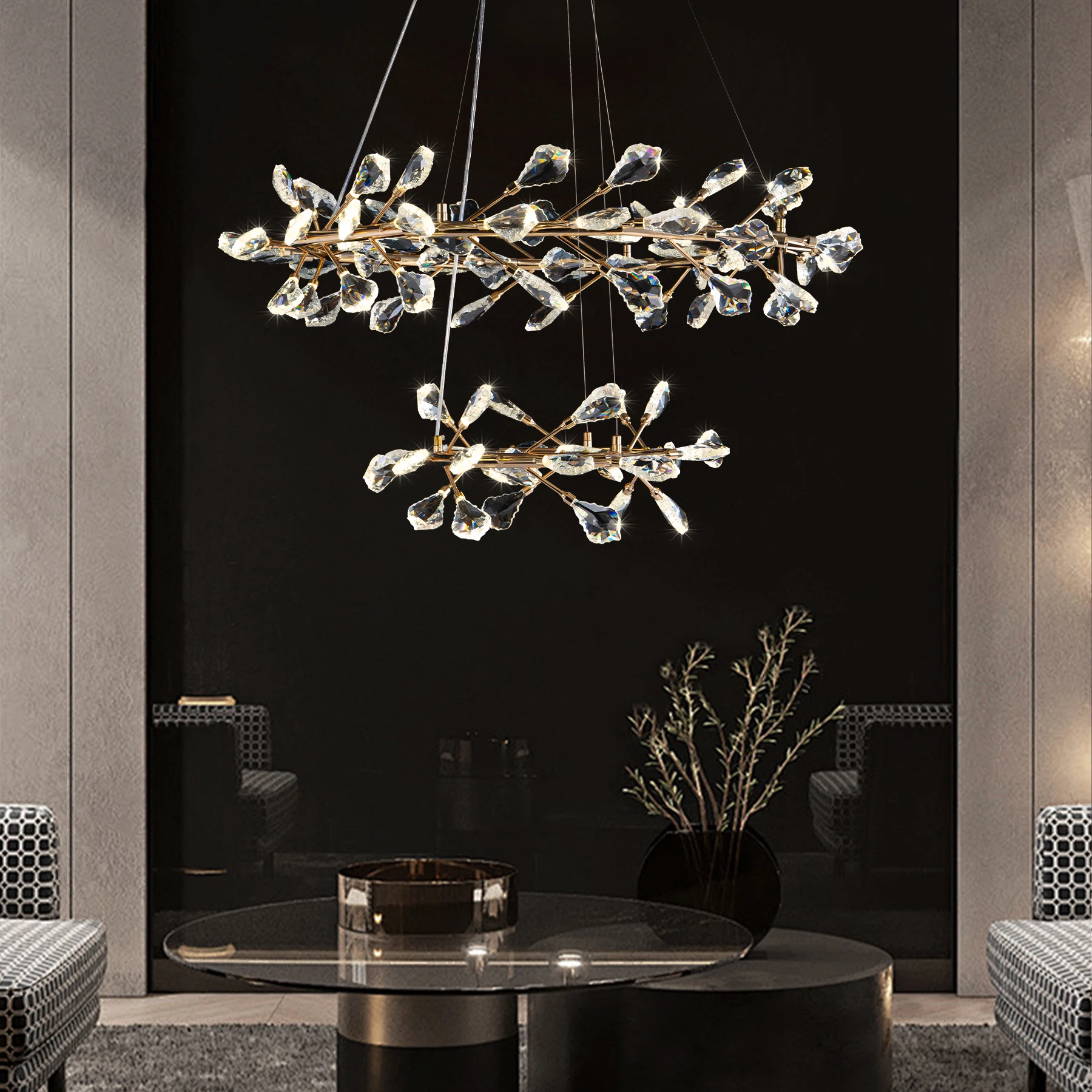 

Luxury Modern Leaf Crystal Chandelier Ring for Living Room Dining Lobby Branch Round K9 Crystal Pendant Chandeliers Lights Vila