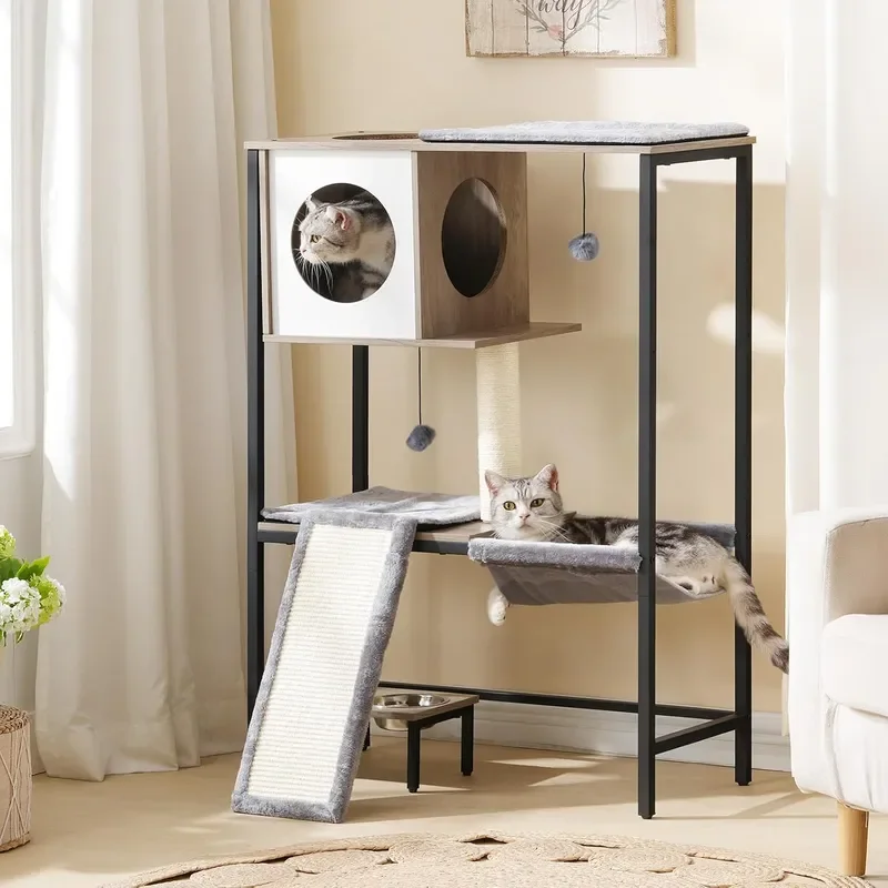 Wooden Cat Tree Versatile Cat Tower with Scratching Post Cat Hammock and Food Bowls 4-Tier Pet House for Indoor Cats