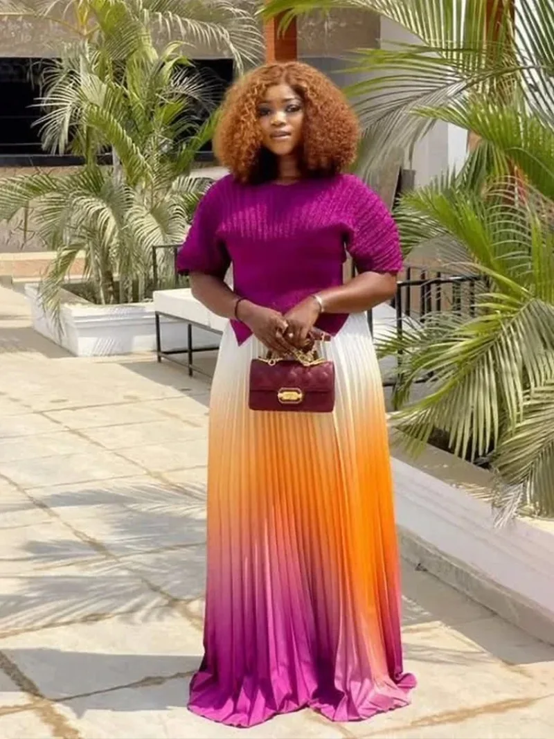 

Pleated 2 Pieces Set Women Fashion V Neck Short Batwing Sleeves Irregular Hem T-shirt&New Gradient A-line Folds Long Skirt