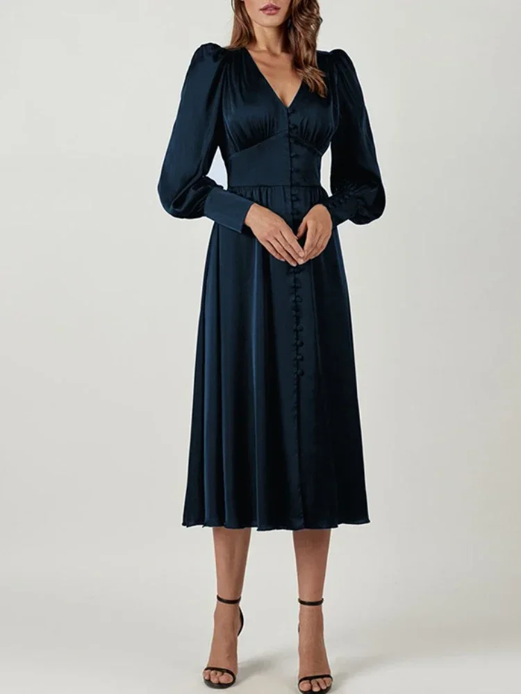 エレガントなファッションシングルブレストドレス女性のためのパーティーローブハイウエストサテンロングドレスセクシーなランタンスリーブシックなミディドレス