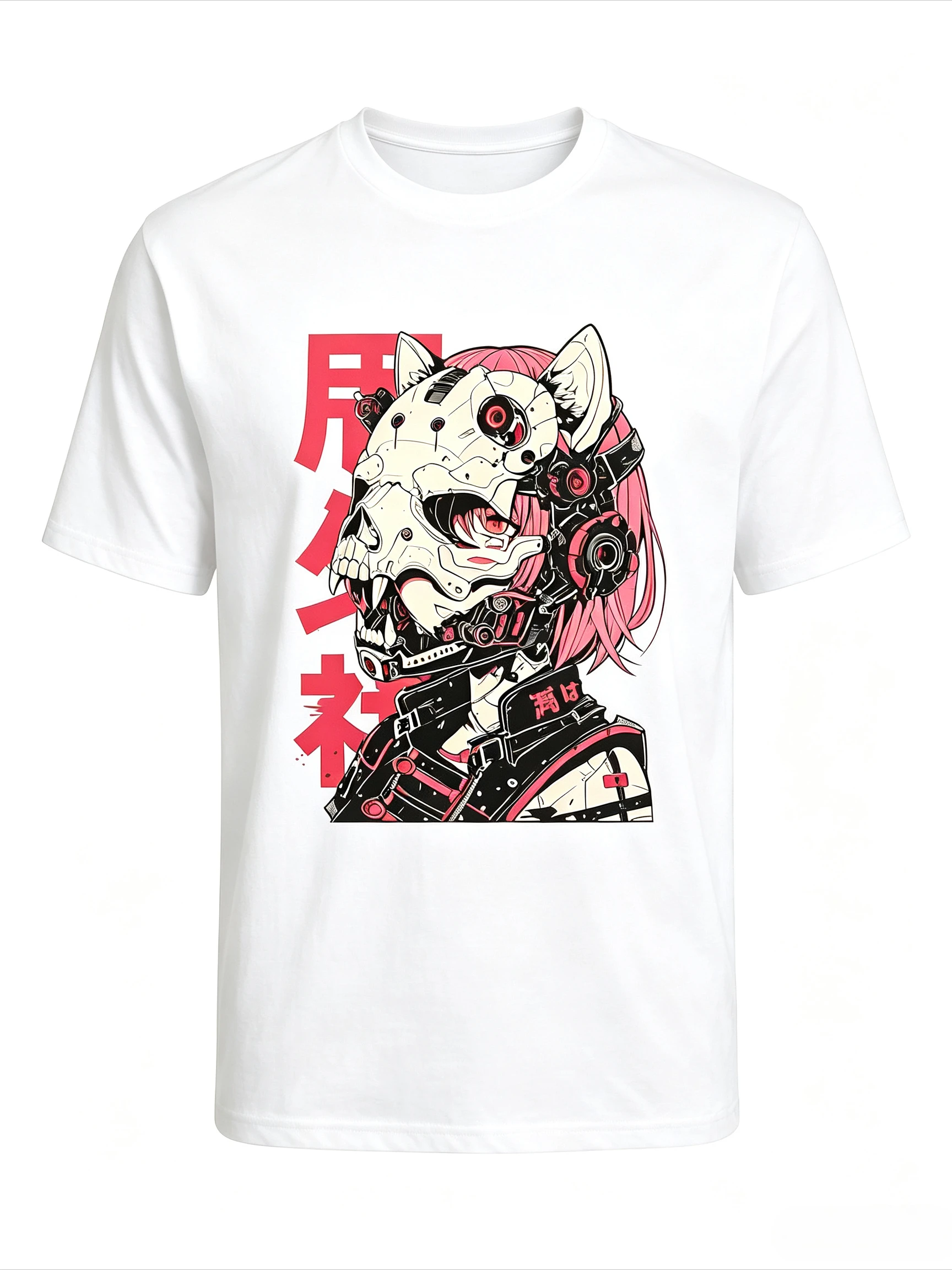 Cyberpunk Anime Girl Skull Mask Print Tshirt Men Women Retro Japanese Kanji Graphic Harajuku Streetwear Casual Summer Tops