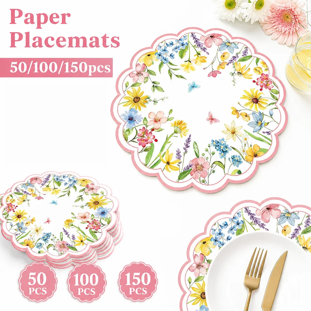 50/100/150pcs wildflower butterfly disposable paper placemats, suitable for wedding, birthday and banquet tables
