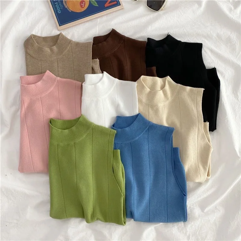 Chaleco de mujer, camiseta sin mangas de punto, suéter ajustado de Color sólido, camiseta sin mangas de medio cuello alto para primavera y otoño, camisola recortada