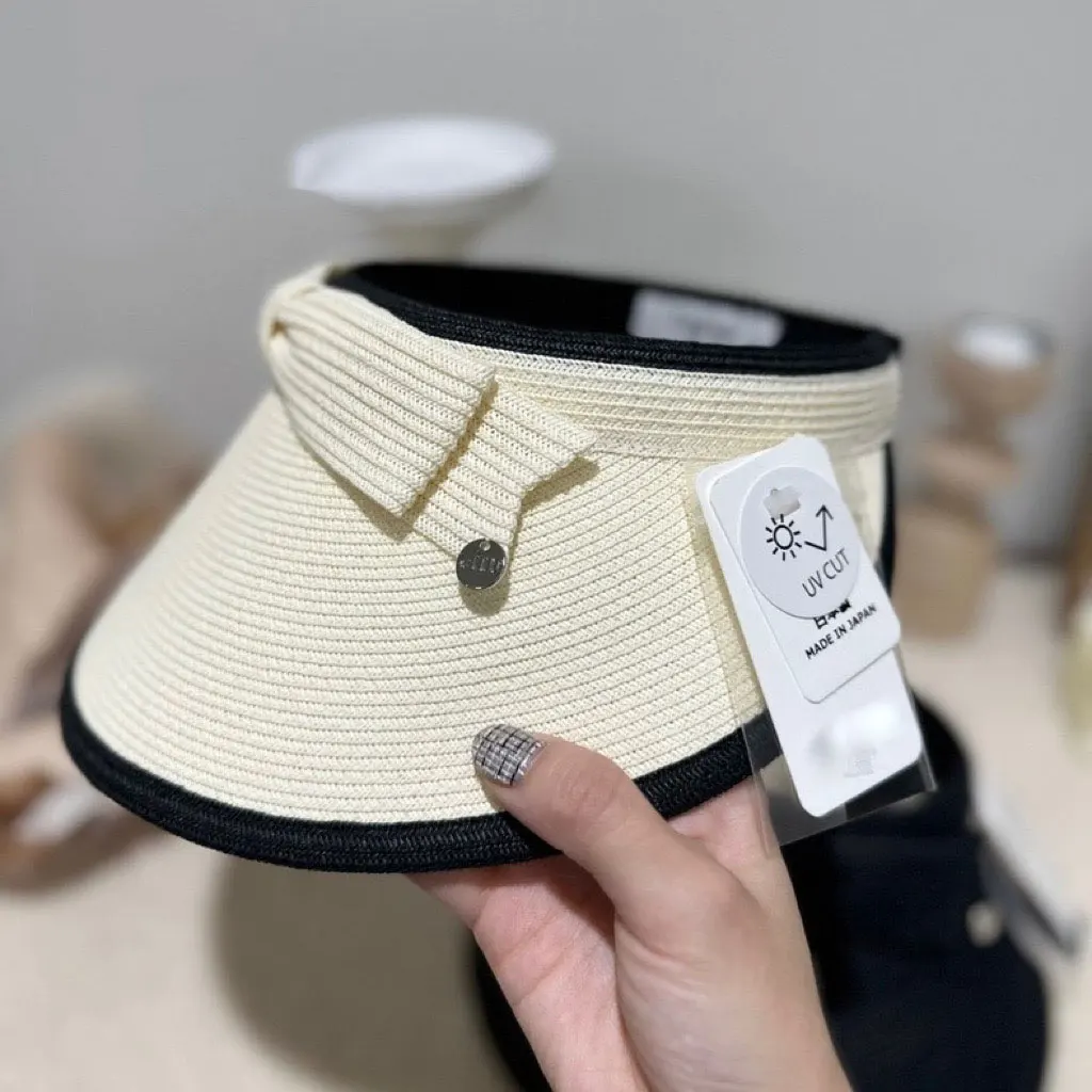 

Japanese Fashion UV-CUT Women's Wide Brimmed Straw Hat With Black And White Bow Summer Beach Hat Riding Hat High-quality