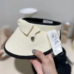 Japanese Fashion UV-CUT Women's Wide Brimmed Straw Hat With Black And White Bow Summer Beach Hat Riding Hat High-quality