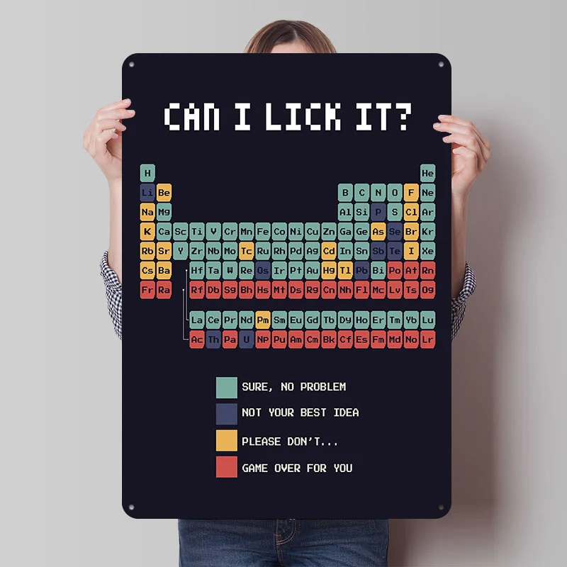 Can I Lick It? Periodic Table Tin Plaque Poster Customized Wall Art Retro Vintage Metal Signs for Room Bar Accessories Home Deco