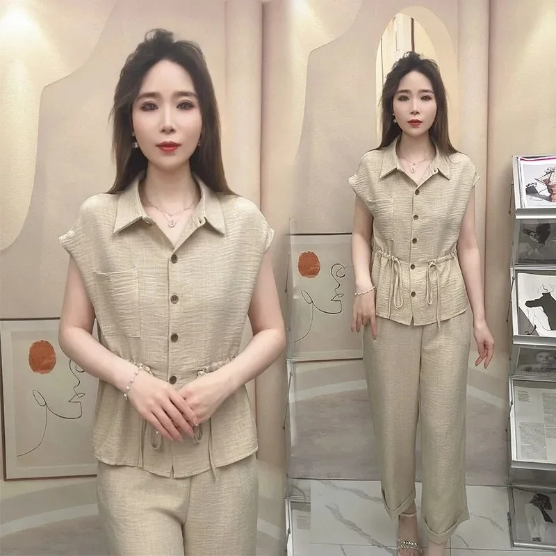 

2025 Female Fashion Short Sleeves Outfit Korean Women Large Size 4XL Tops 2PCS Summer Ladies Leisure Solid Color Two-piece Suit