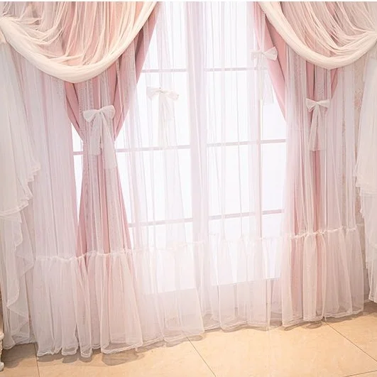 【Sweet Princess】White & Pink Double Layer Curtain with Bow Tie, Sheer Tulle Top & Blackout Fabric, Girls Bedroom Decor