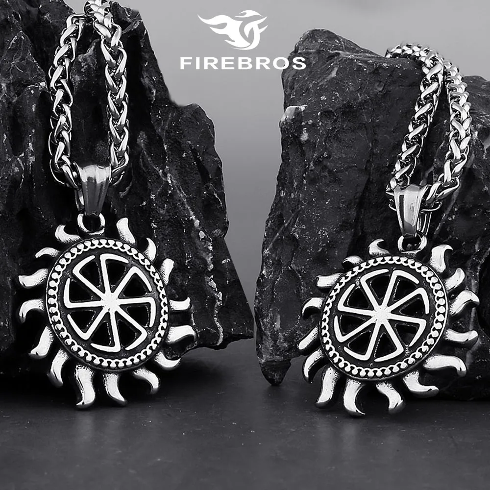 FIREBROS Never Fade 316L Stainless Steel Kolovrat Sun God Pendant Slavic Pagan Necklace Women Men Vintage Retro Punk Jewelry